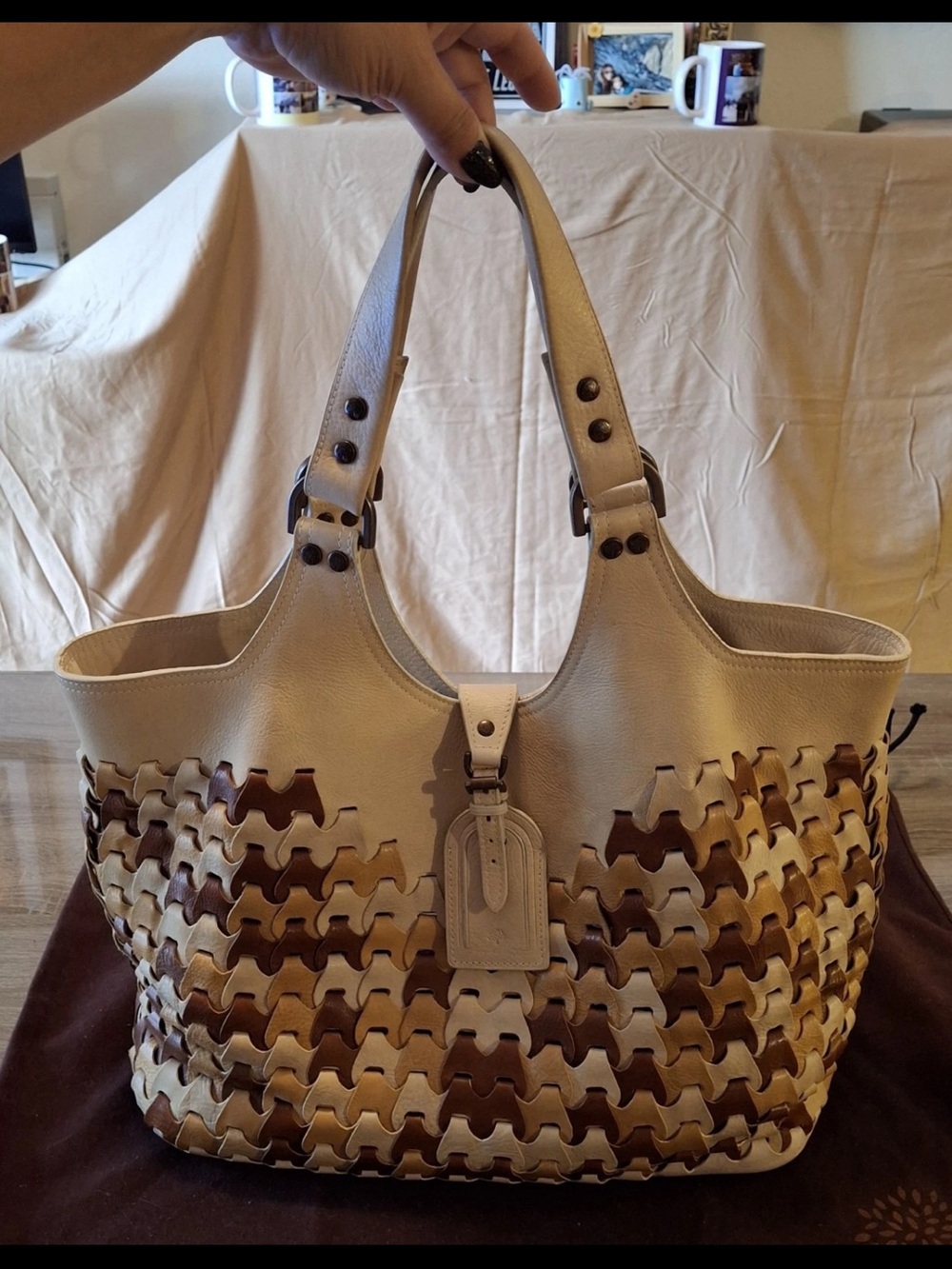 Mulberry Cream Tote with Brown & Tan Woven Panels